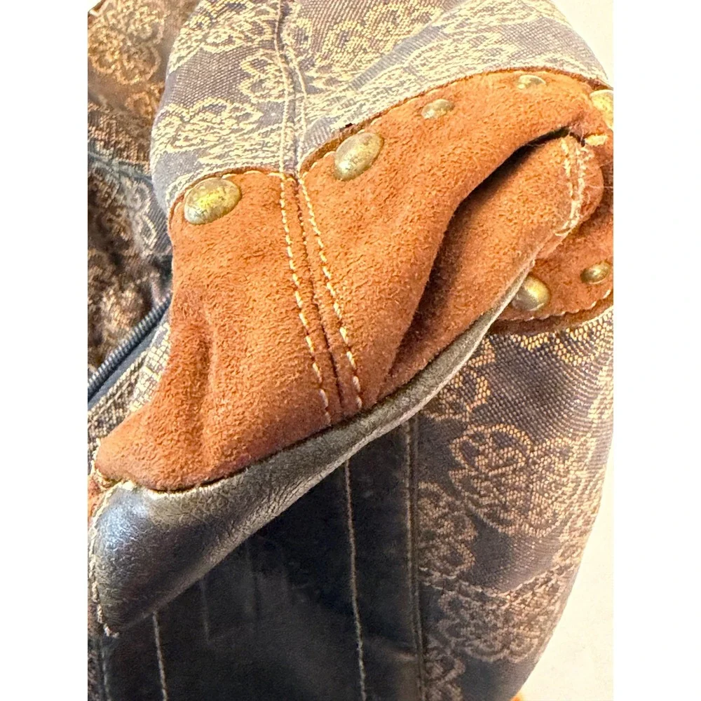 Kathy Van Zeeland Hobo Bag Large Brown Fleur De Lis Studded Y2K Boho Purse